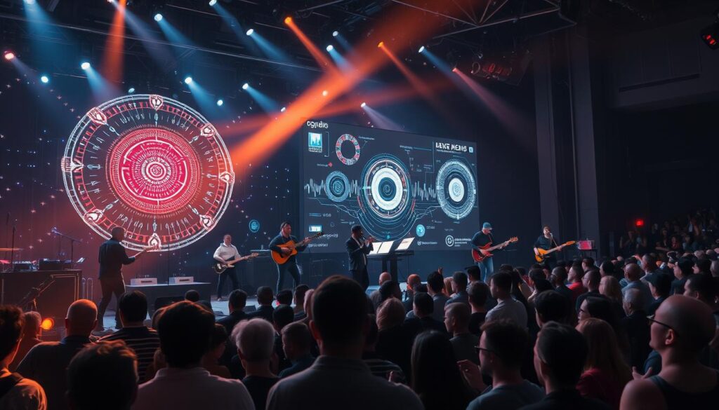 Futuristic concert with human musicians and AI visualization