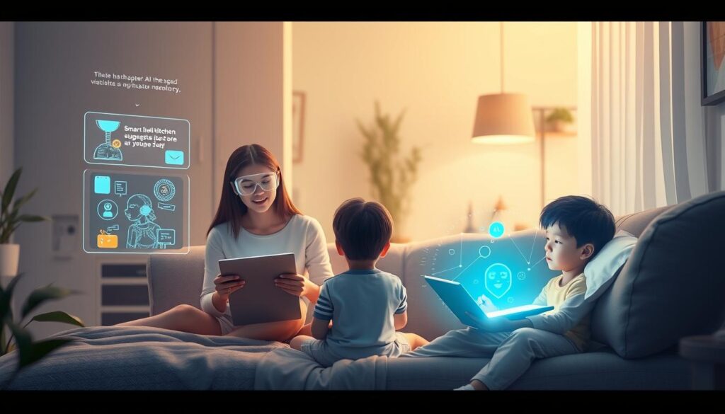 Futuristic family scene with integrated AI parenting tools Futuristic family scene with integrated AI parenting tools