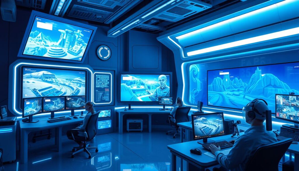Futuristic game design studio with AI assistants and human designers collaborating Futuristic game design studio with AI assistants and human designers collaborating