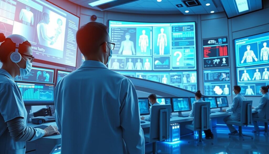 Futuristic healthcare command center with AI systems monitoring multiple patients Futuristic healthcare command center with AI systems monitoring multiple patients