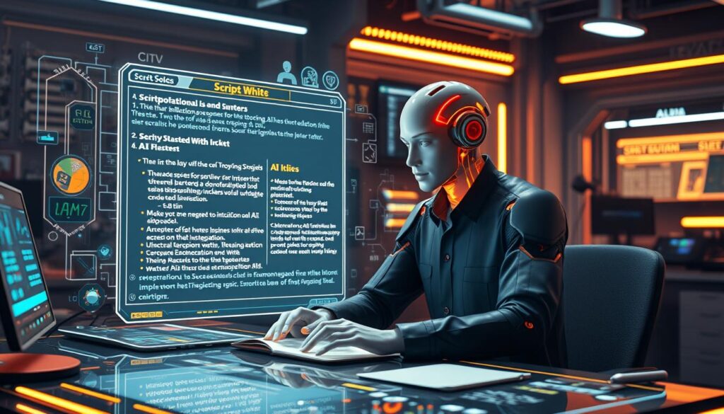 Futuristic visualization of AI and human collaboration in scriptwriting Futuristic visualization of AI and human collaboration in scriptwriting