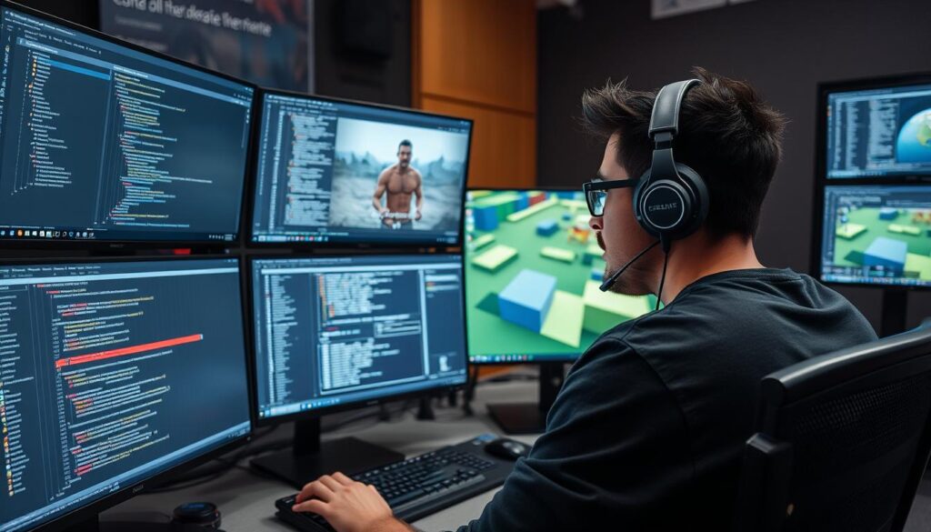 Game developer working with AI tools to refine a procedurally generated level Game developer working with AI tools to refine a procedurally generated level