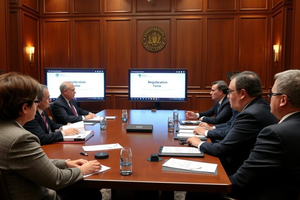 Government officials discussing AI regulation Government officials discussing AI regulation