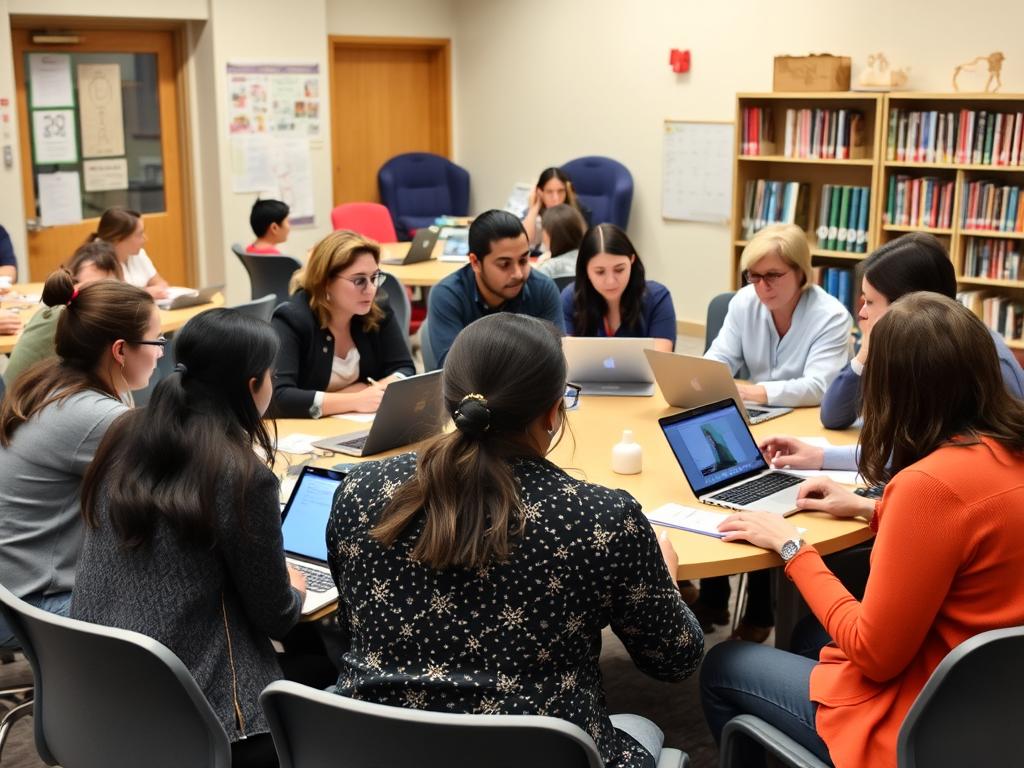 Group of teachers in professional development session learning about AI implementation in classrooms Group of teachers in professional development session learning about AI implementation in classrooms