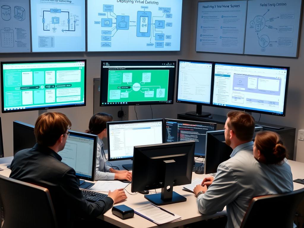 Healthcare IT team implementing virtual nurse system with multiple screens showing interface design Healthcare IT team implementing virtual nurse system with multiple screens showing interface design