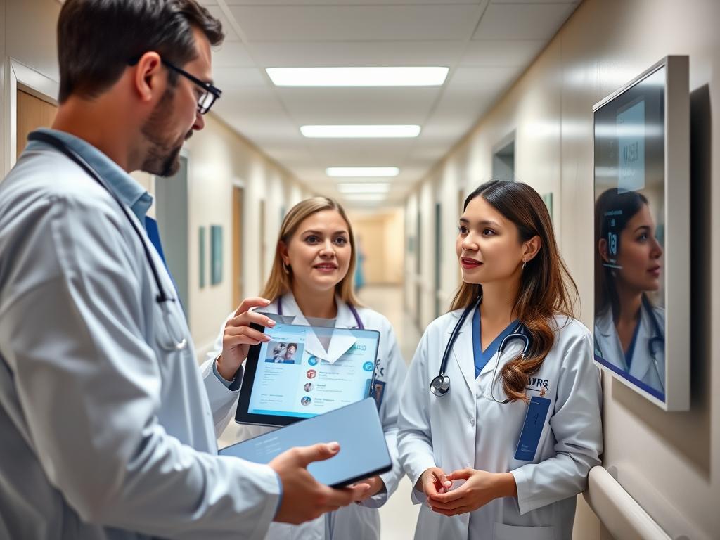 Healthcare professional demonstrating virtual nurse interface to a colleague Healthcare professional demonstrating virtual nurse interface to a colleague