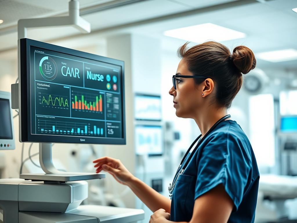 Healthcare professional reviewing virtual nurse data on computer while attending to patient Healthcare professional reviewing virtual nurse data on computer while attending to patient