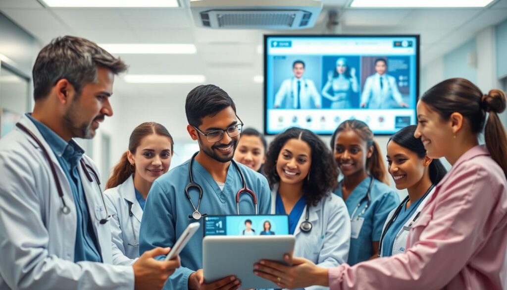 Healthcare team collaborating with virtual nurse technology in a modern hospital setting Healthcare team collaborating with virtual nurse technology in a modern hospital setting
