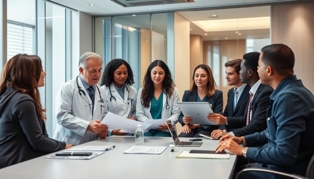 Healthcare team discussing AI implementation challenges around a conference table Healthcare team discussing AI implementation challenges around a conference table