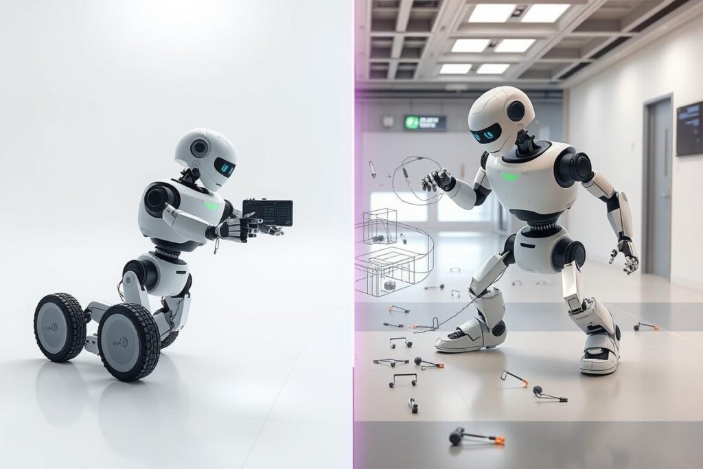 Illustration of the reality gap in AI teaching robots human-like learning Illustration of the reality gap in AI teaching robots human-like learning