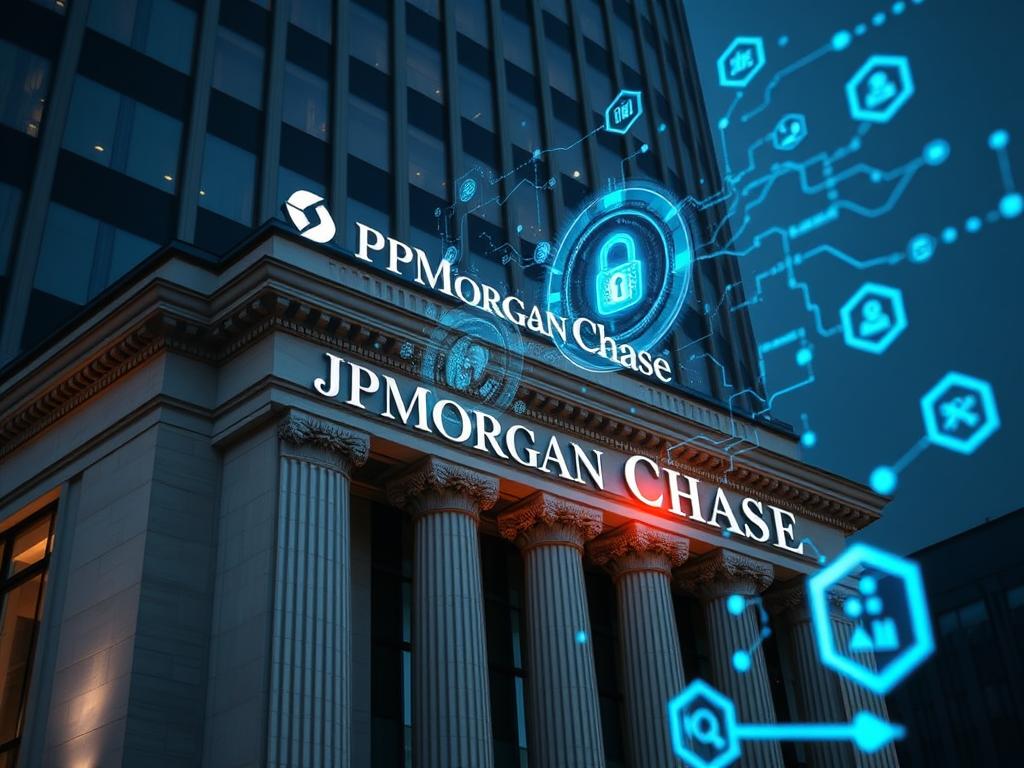 JPMorgan Chase headquarters with AI fraud detection visualization JPMorgan Chase headquarters with AI fraud detection visualization