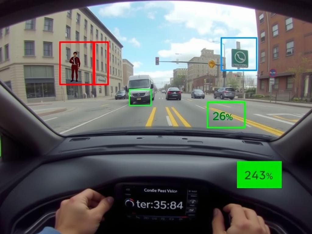 Machine learning object detection identifying pedestrians, vehicles, and road signs in self-driving car view Machine learning object detection identifying pedestrians, vehicles, and road signs in self-driving car view