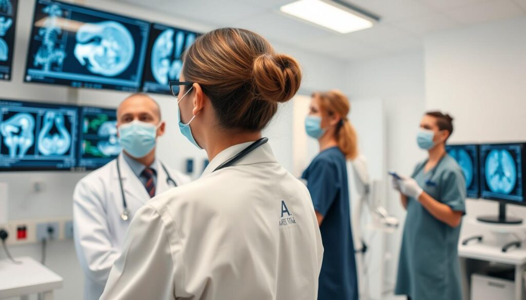 Medical professionals using AI diagnostic tools in healthcare setting Medical professionals using AI diagnostic tools in healthcare setting