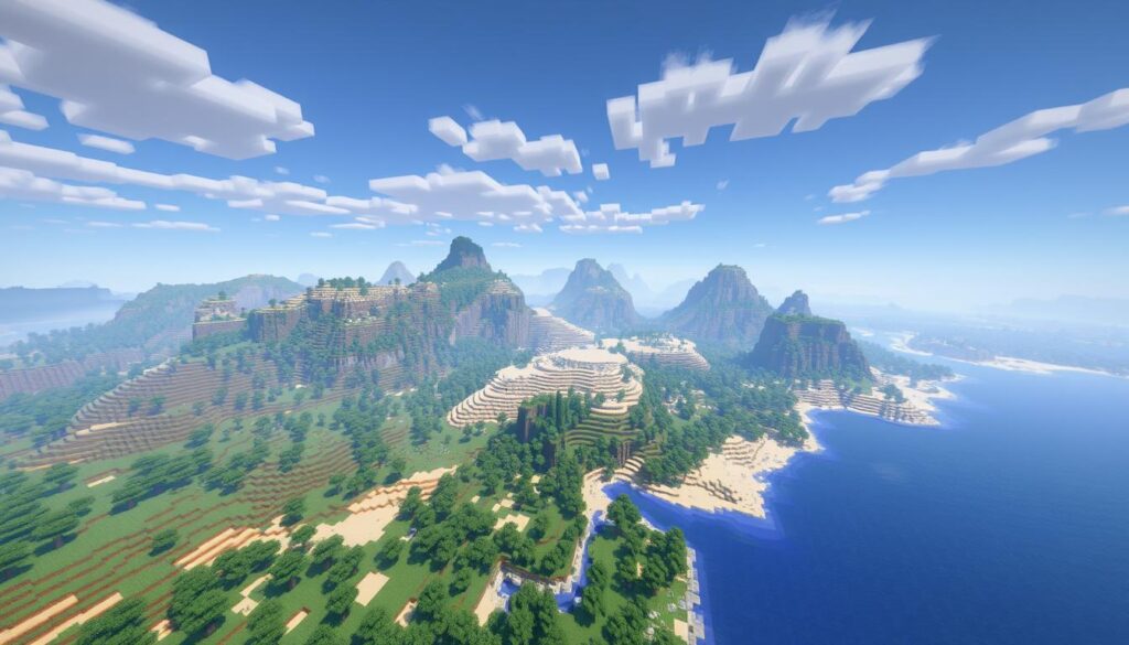 Minecraft procedurally generated landscape showing diverse biomes and terrain features Minecraft procedurally generated landscape showing diverse biomes and terrain features