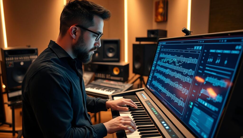 Musician collaborating with AI on a digital interface