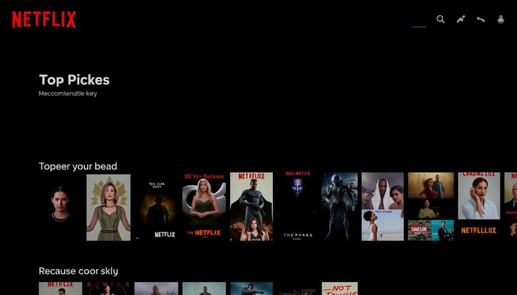 Netflix interface showing personalized row categories like 'Top Picks for You' and 'Because You Watched' Netflix interface showing personalized row categories like 'Top Picks for You' and 'Because You Watched'