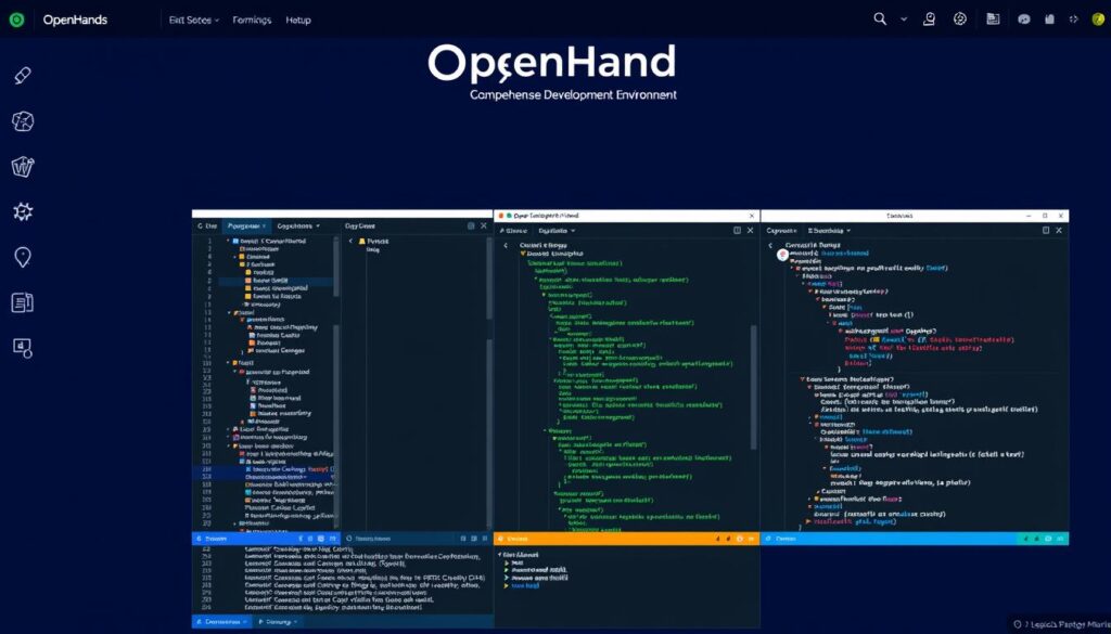 OpenHands interface showing comprehensive development environment with AI assistance