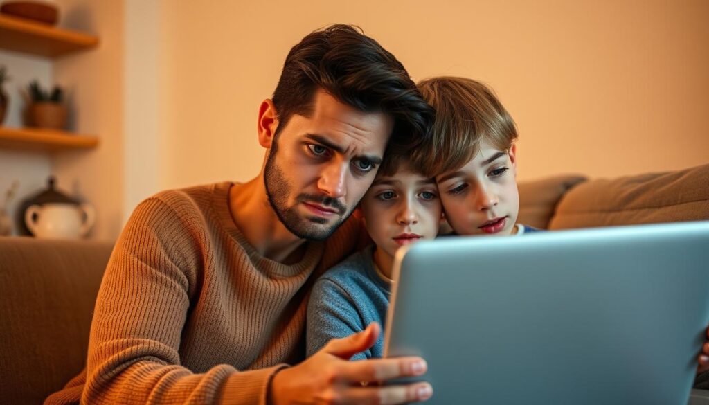 Parent and child discussing ethical considerations of artificial intelligence Parent and child discussing ethical considerations of artificial intelligence