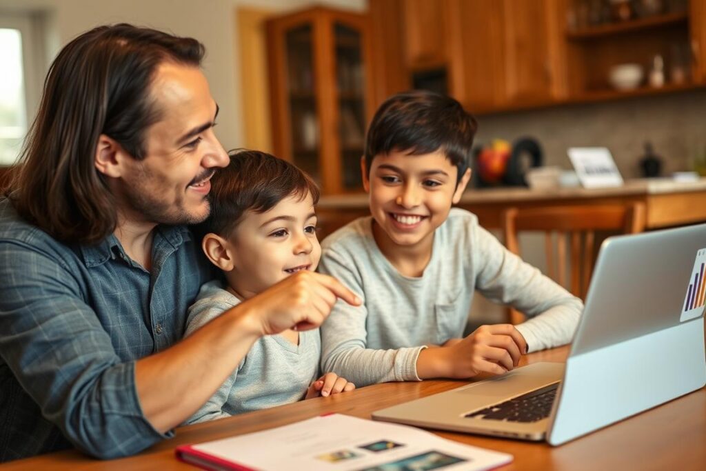 Parent and child reviewing AI-generated homework feedback together at home Parent and child reviewing AI-generated homework feedback together at home