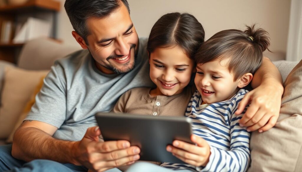 Parent and child using AI tool together while maintaining human connection Parent and child using AI tool together while maintaining human connection