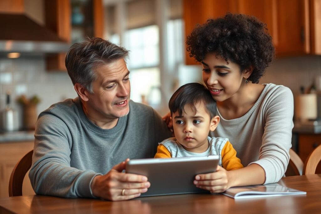 Parent calmly explaining to child about artificial intelligence safety concerns Parent calmly explaining to child about artificial intelligence safety concerns