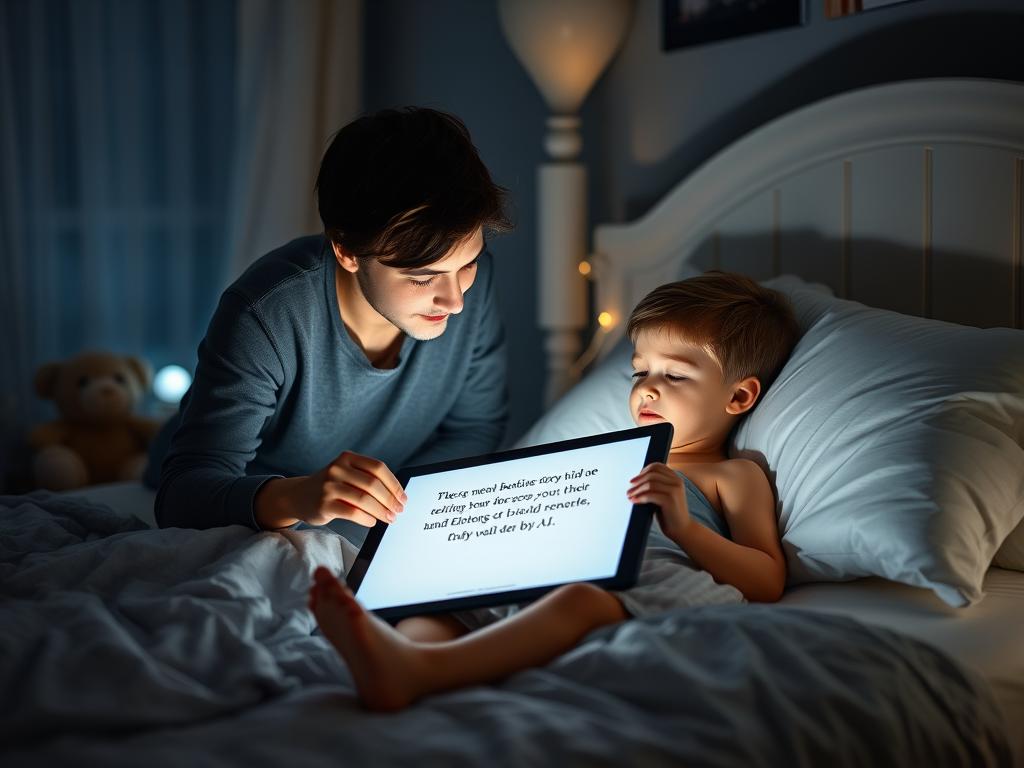 Parent reading AI-generated personalized bedtime story to child Parent reading AI-generated personalized bedtime story to child