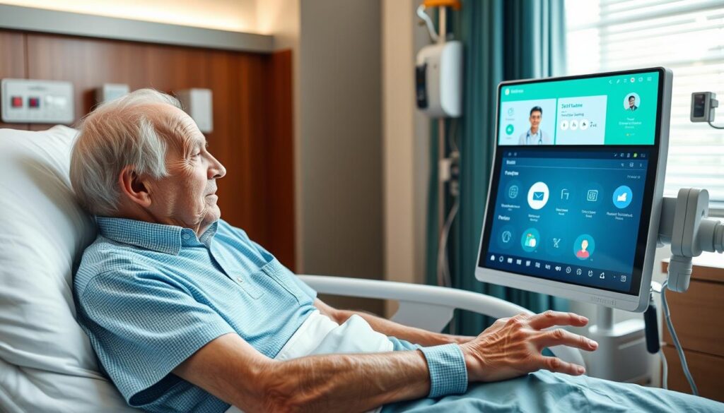 Patient interacting with a virtual nurse system on a hospital bedside display Patient interacting with a virtual nurse system on a hospital bedside display