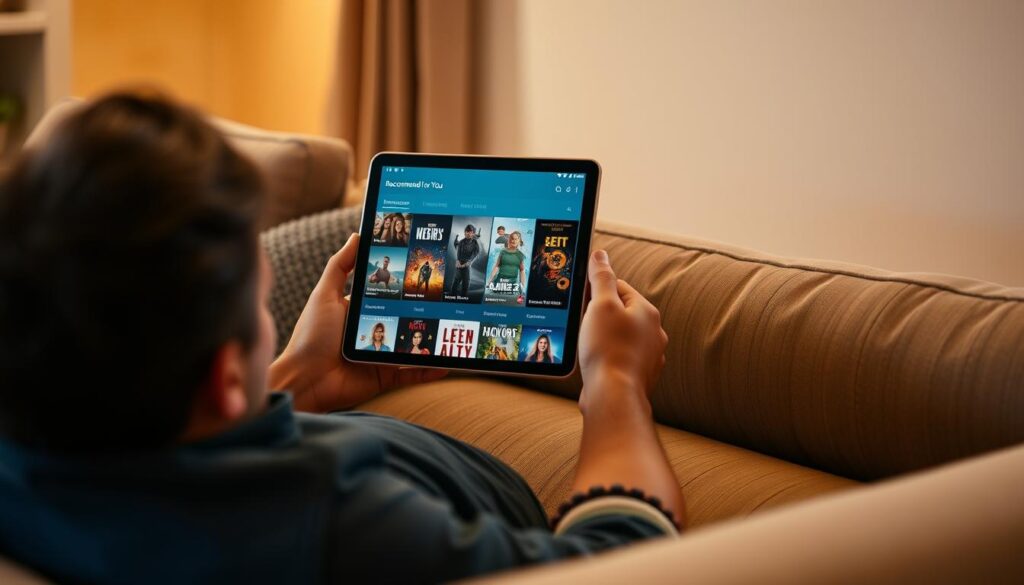 Person browsing personalized streaming recommendations on a tablet showing AI in daily life applications Person browsing personalized streaming recommendations on a tablet showing AI in daily life applications