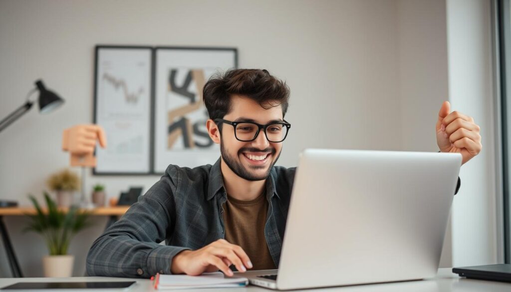 Person celebrating successful AI side hustle with income graph showing growth Person celebrating successful AI side hustle with income graph showing growth