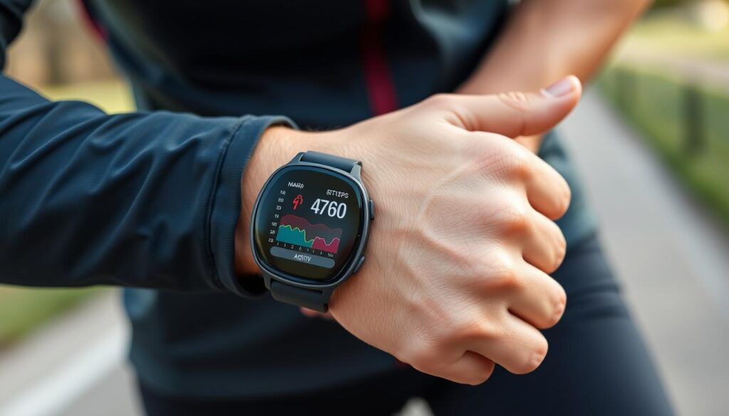 Person checking health metrics on smartwatch showing AI in daily life health applications Person checking health metrics on smartwatch showing AI in daily life health applications