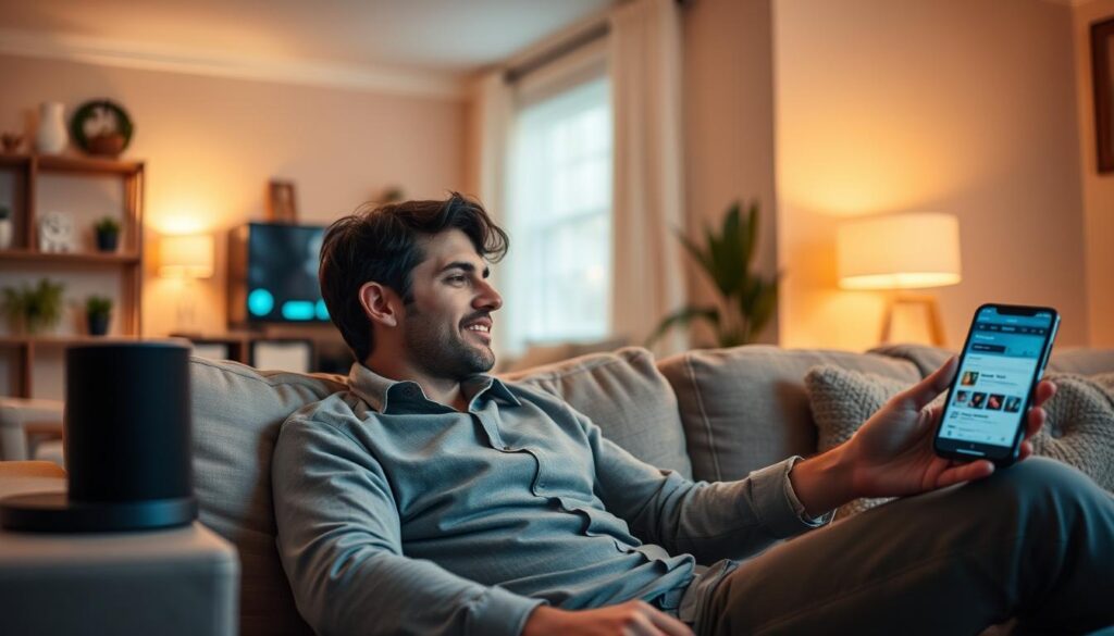 Person comfortably using multiple AI in daily life technologies in a home setting Person comfortably using multiple AI in daily life technologies in a home setting