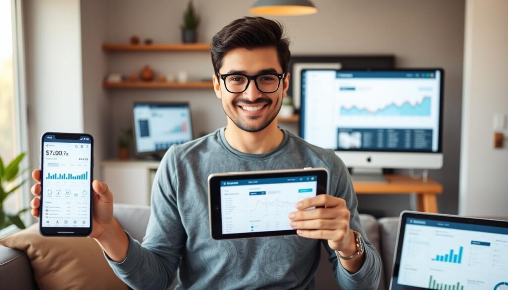 Person confidently managing finances with AI tools on multiple devices Person confidently managing finances with AI tools on multiple devices
