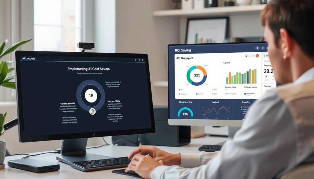 Person implementing AI cost-saving tools with ROI dashboard in 2025 Person implementing AI cost-saving tools with ROI dashboard in 2025