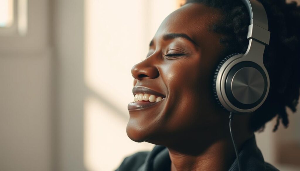 Person listening to AI-generated music with headphones