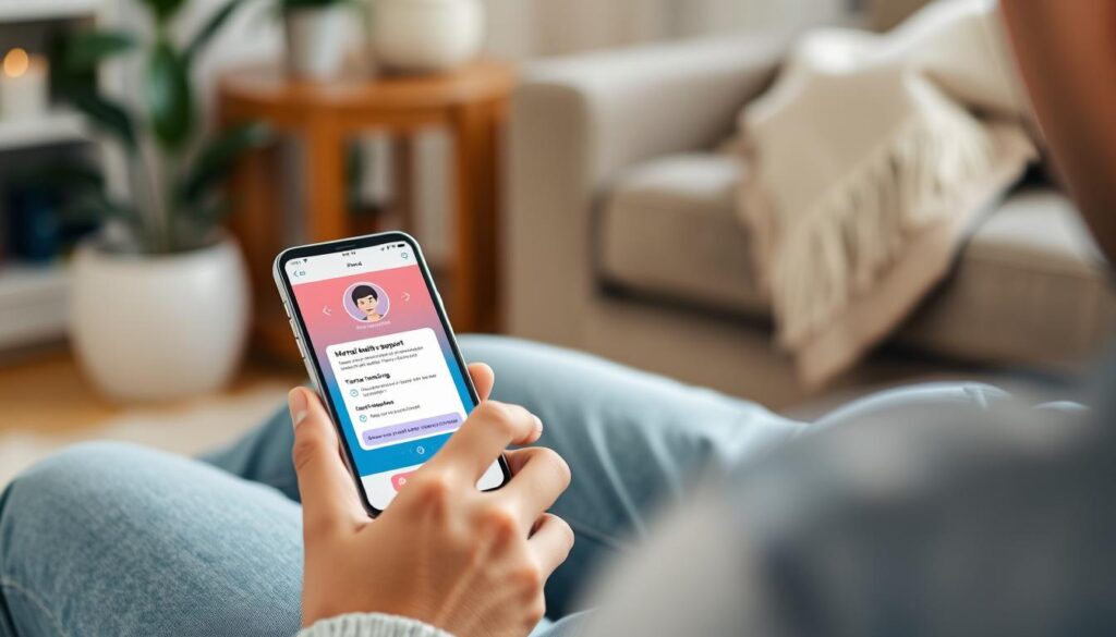 Person using AI mental health application on smartphone Person using AI mental health application on smartphone