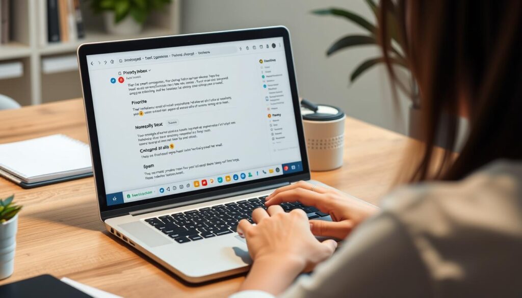 Person using email with AI in daily life features highlighting smart composition and filtering Person using email with AI in daily life features highlighting smart composition and filtering