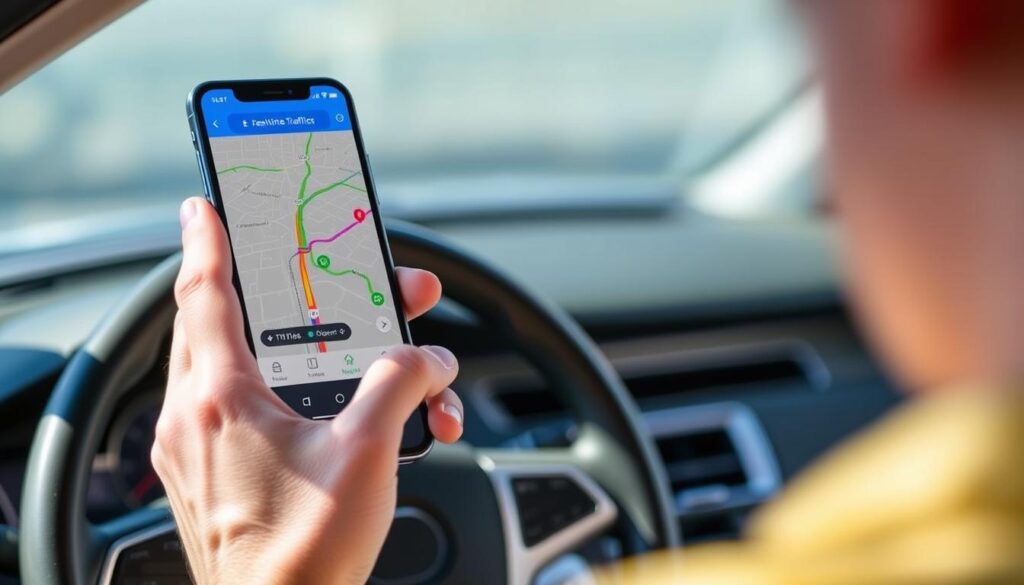Person using navigation app showing real-time AI in daily life traffic optimization