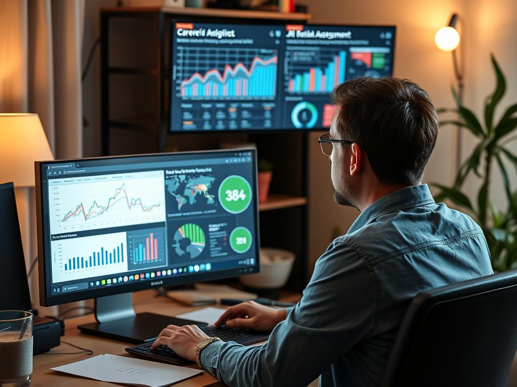 Professional analyzing AI impact on their career path with digital tools Professional analyzing AI impact on their career path with digital tools