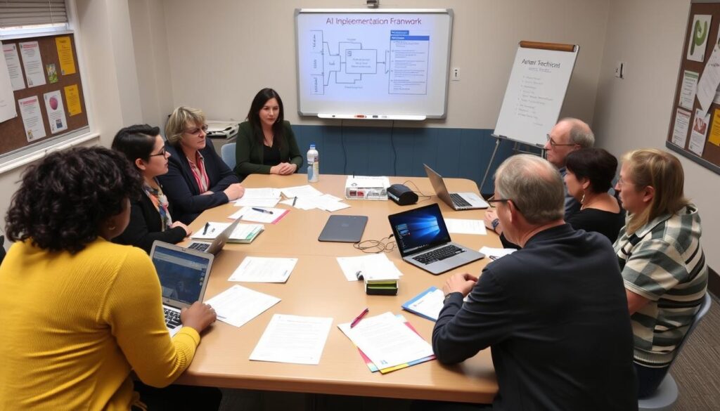 School administrators and teachers collaborating on AI implementation policy development School administrators and teachers collaborating on AI implementation policy development