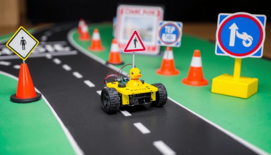Self-Driving Cars with Duckietown course showing a small robot navigating a model road Self-Driving Cars with Duckietown course showing a small robot navigating a model road