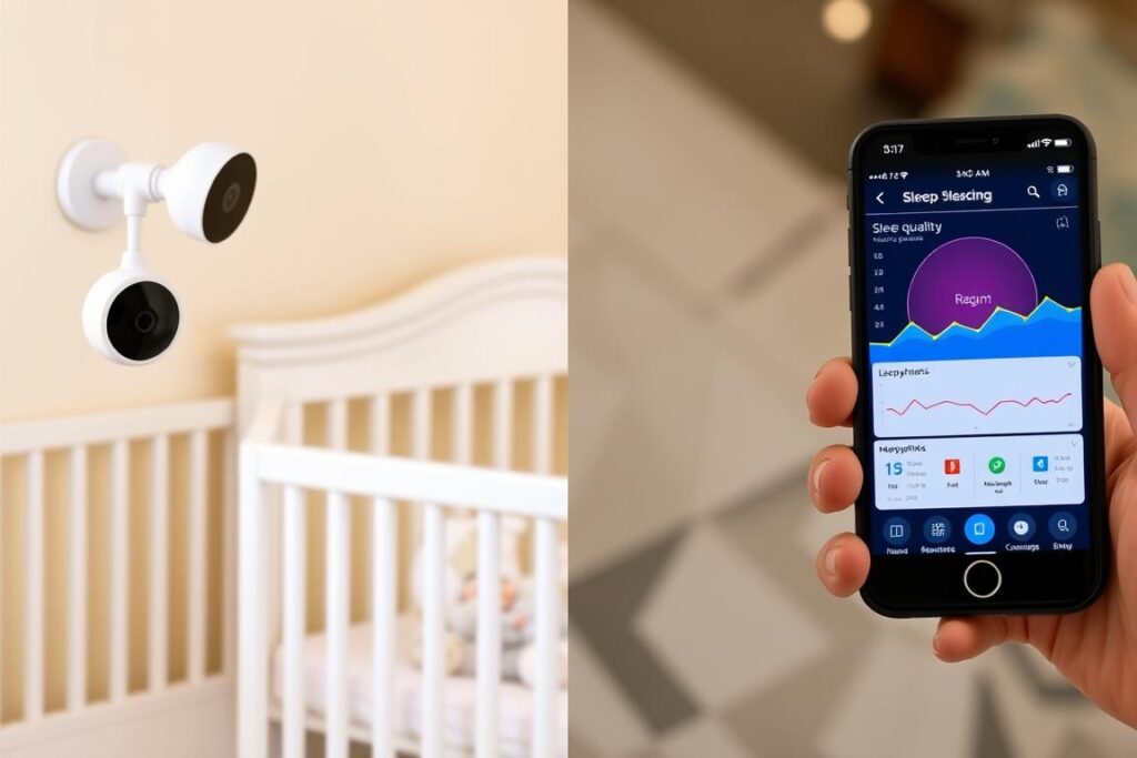Smart baby monitor with AI sleep tracking showing sleep patterns on parent's phone Smart baby monitor with AI sleep tracking showing sleep patterns on parent's phone