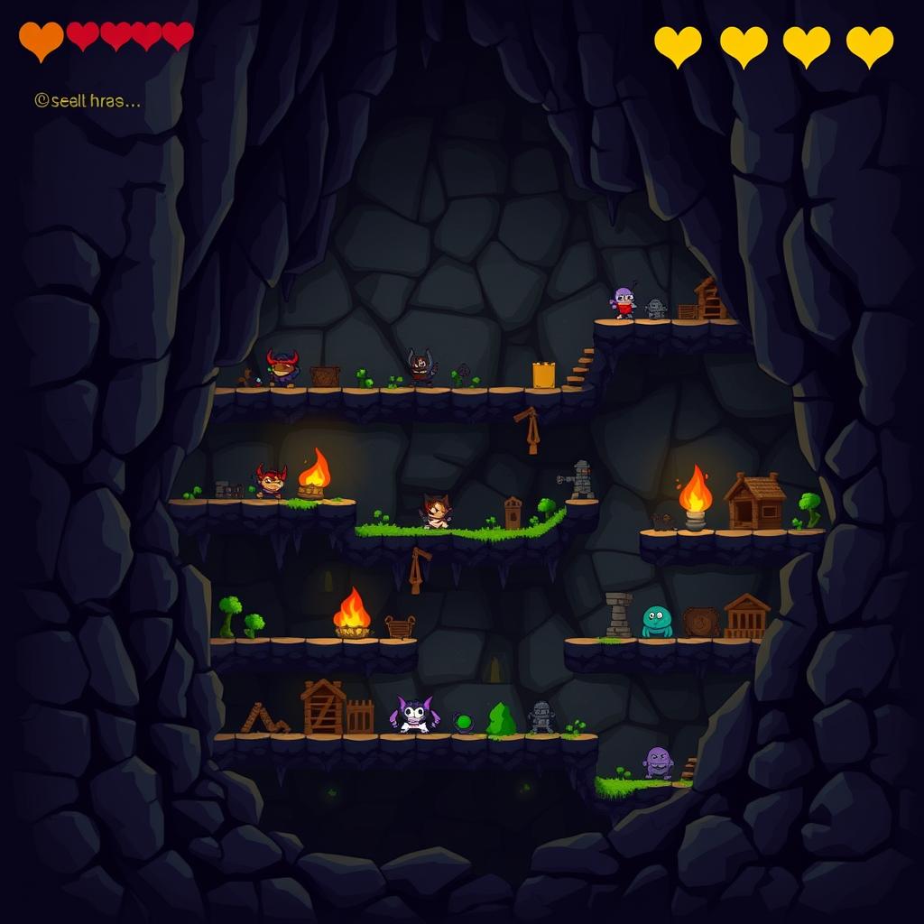 Spelunky level showing procedurally generated caves with traps and enemies Spelunky level showing procedurally generated caves with traps and enemies