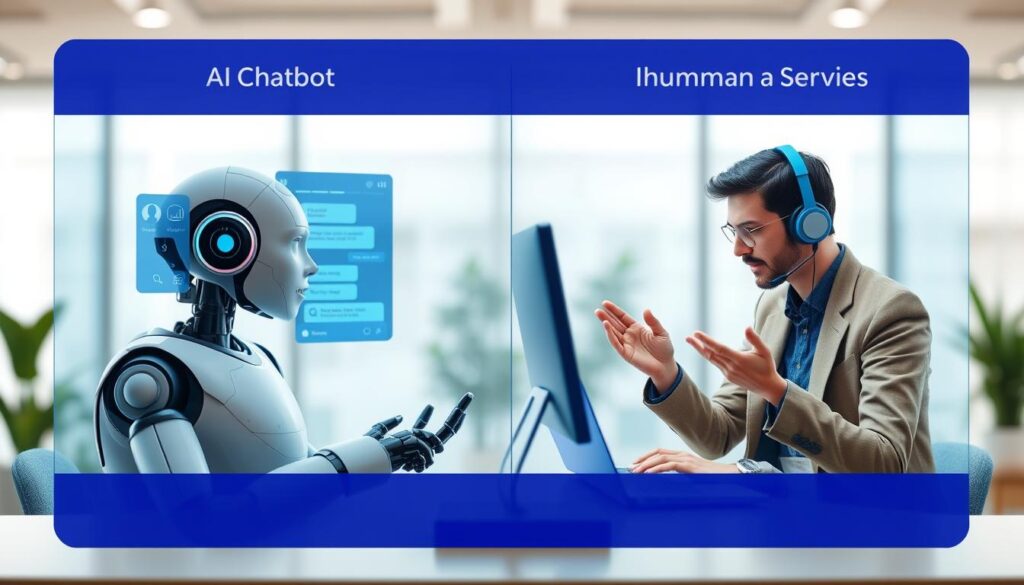 Split screen showing AI chatbot and human agent handling different types of customer inquiries Split screen showing AI chatbot and human agent handling different types of customer inquiries