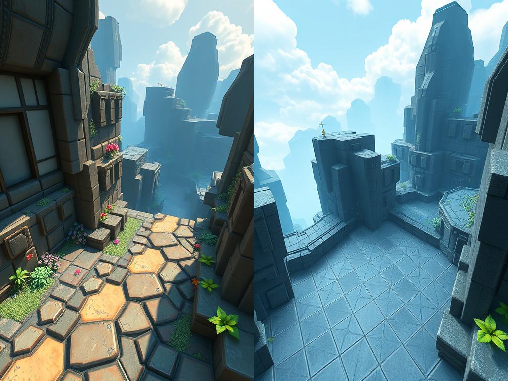 Split screen showing human-designed game level on left and AI-generated level on right Split screen showing human-designed game level on left and AI-generated level on right