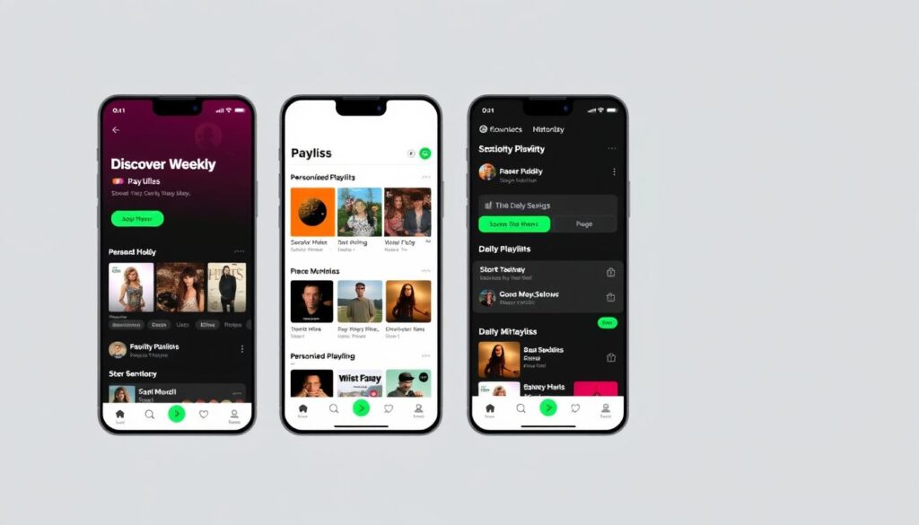 Spotify interface showing Discover Weekly playlist and personalized Daily Mix playlists Spotify interface showing Discover Weekly playlist and personalized Daily Mix playlists
