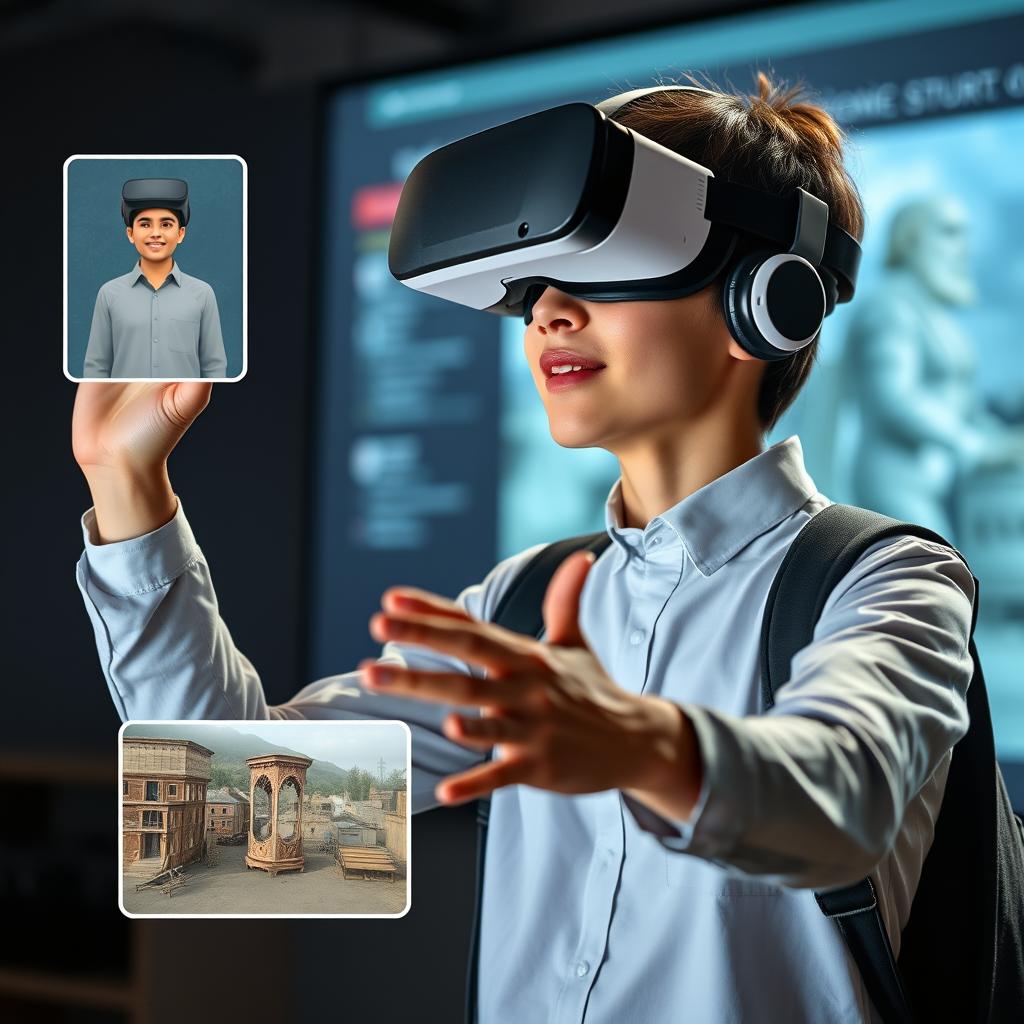 Student using VR headset with AI tutor in an immersive learning environment Student using VR headset with AI tutor in an immersive learning environment