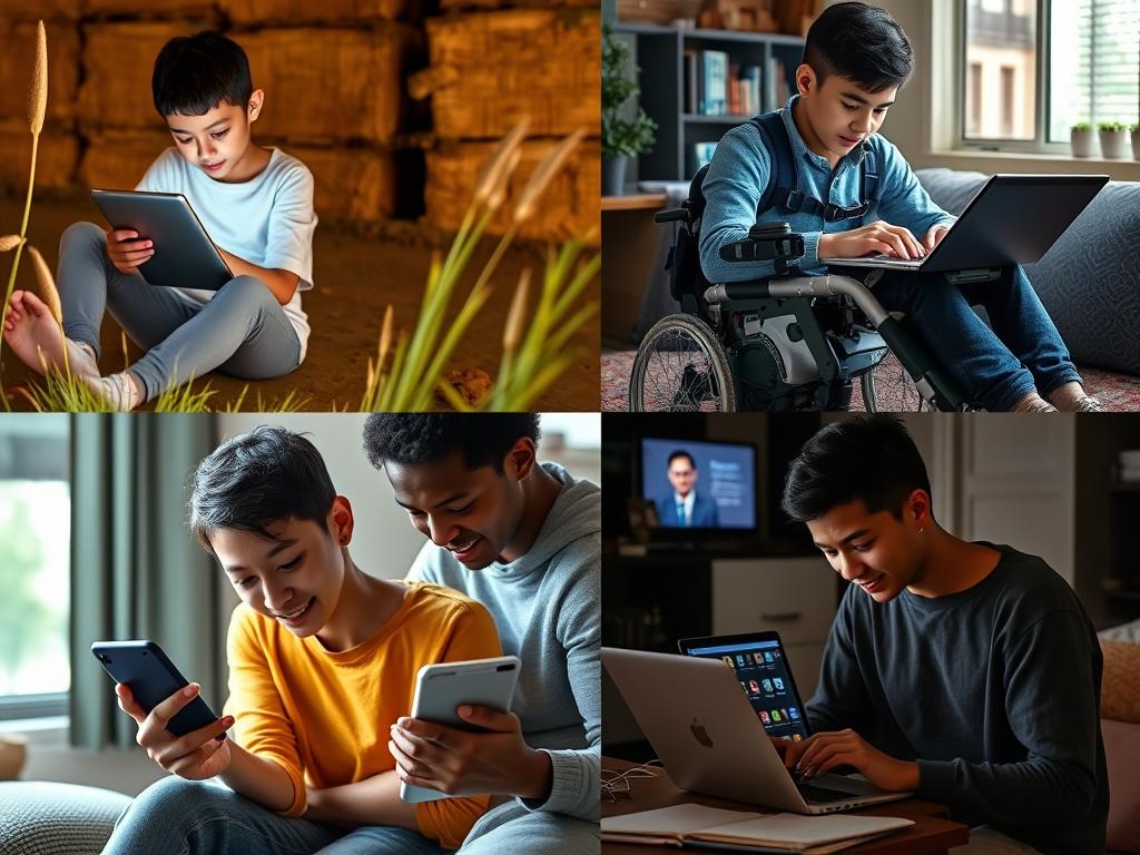 Students from diverse backgrounds accessing AI tutors on various devices in different settings Students from diverse backgrounds accessing AI tutors on various devices in different settings