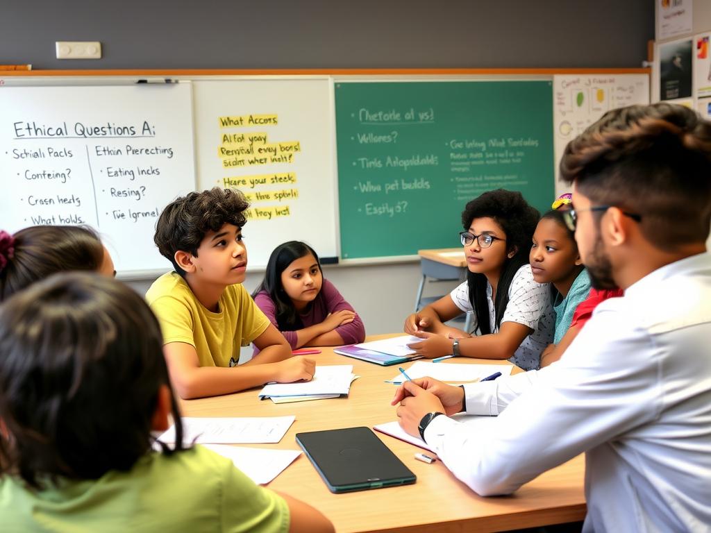 Students participating in a discussion about ethical AI use in education Students participating in a discussion about ethical AI use in education