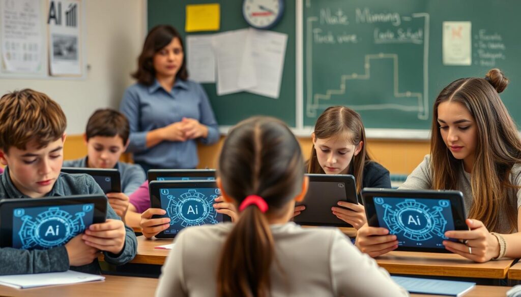 Students using AI tools in classroom with teacher monitoring for potential overreliance on technology Students using AI tools in classroom with teacher monitoring for potential overreliance on technology