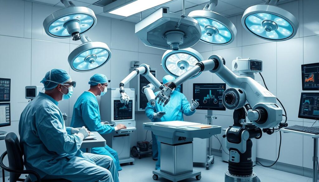 Surgeons using AI-enhanced robotic surgery system Surgeons using AI-enhanced robotic surgery system